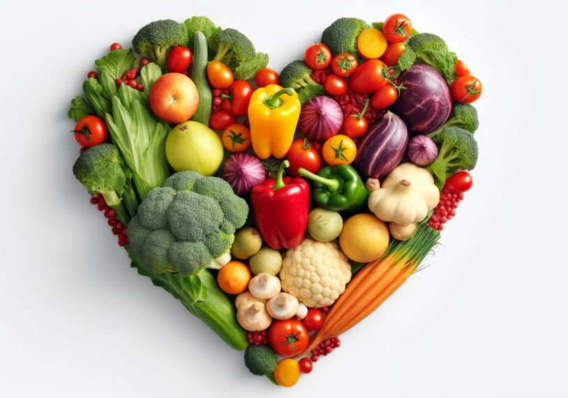 A heart-shaped arrangement of fresh fruits and vegetables. Generative ai